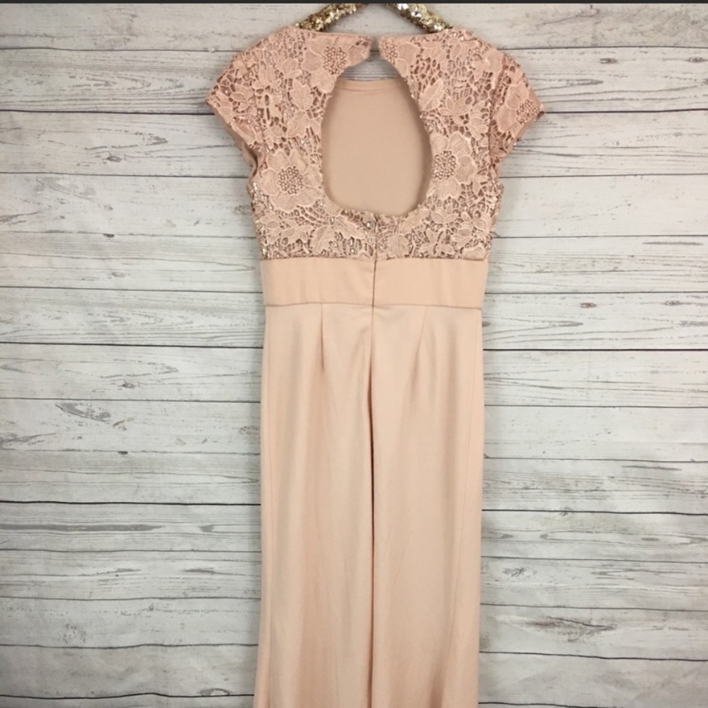 JS collection lace sequins bodice with stretch crape floor length gown - Picture 4 of 11